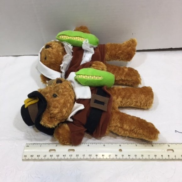TWO Pilgrim Teddy Bears Thanksgiving Fall PLUSHLAND March of Dimes 8" - Picture 4 of 10